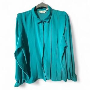 Large vintage 80s teal blue roomy blouse with pleated front and long sleeves